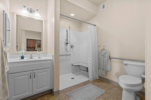 Bright and accessible bathroom in a senior living facility