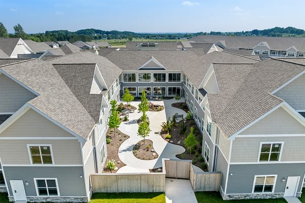 Aerial view of a courtyard with pathways and greenery