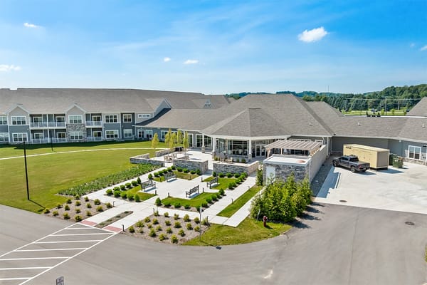 Aerial view of the Meadow Valley assisted living facility exterior.