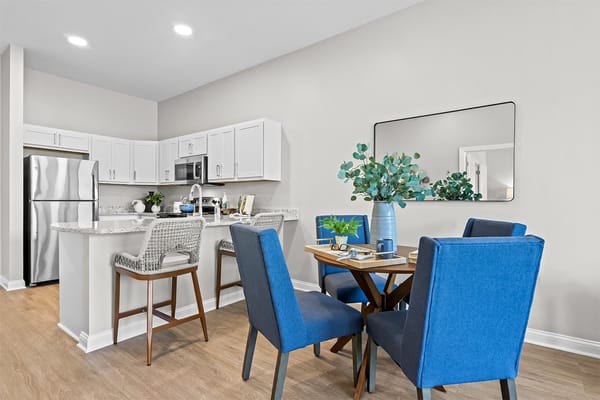 Modern kitchen and dining area in a senior living apartment