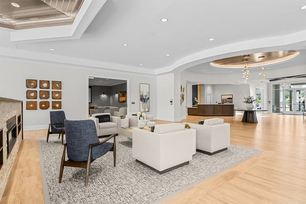 Bright common area with seating and decorative elements