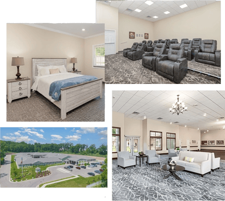 Collage of serene senior living spaces and activities