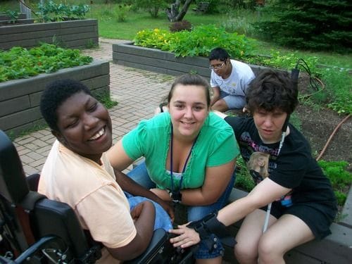 Residents enjoying time together in a garden area
