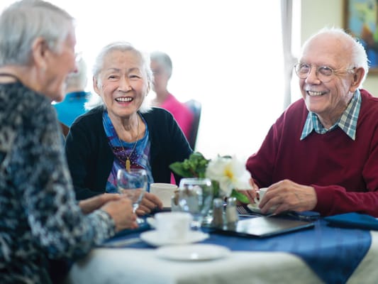Residents enjoying a meal together in the dining area