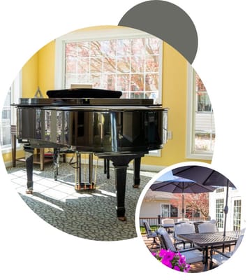 A bright interior space with a piano and patio seating