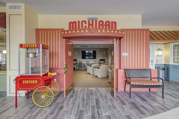 Interior view of a common area with popcorn machine
