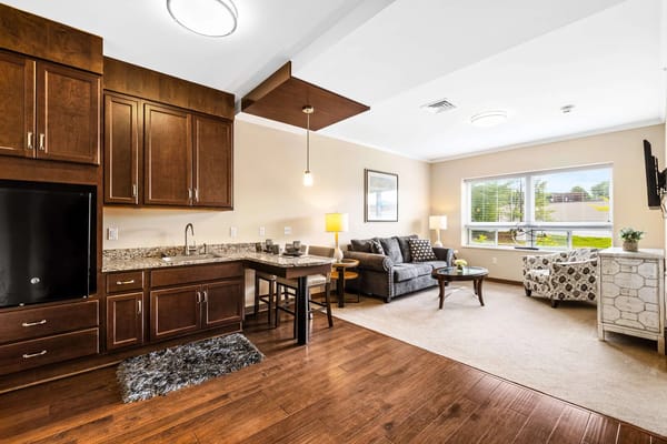 Cozy living room area in a senior care facility