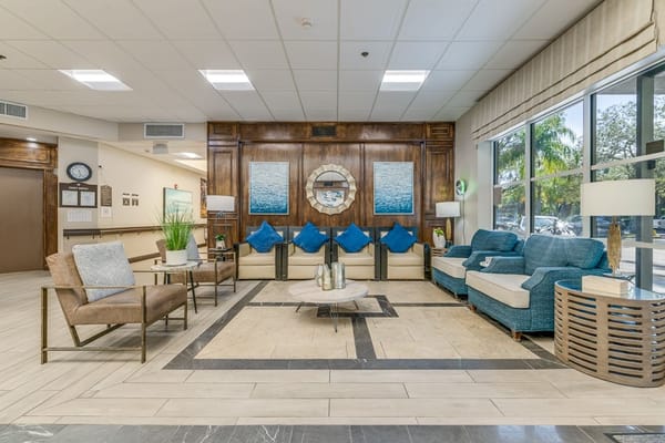 Bright and inviting lounge area in a senior living facility