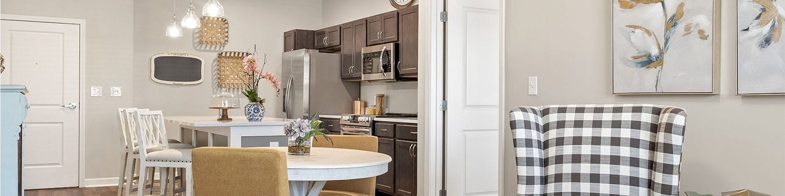 Modern kitchen and dining area in a senior living facility