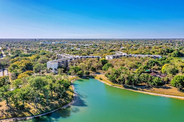 Aerial view of the senior living facility by the water