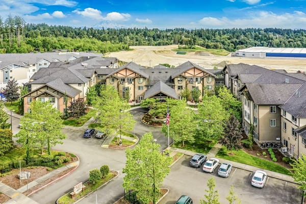 Aerial view of Ridgeway assisted living facility surrounded by greenery