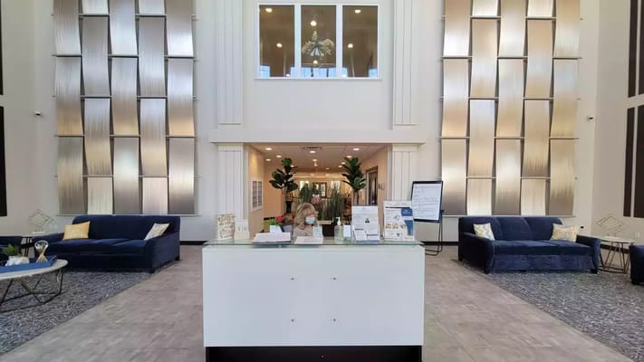 Modern lobby with seating and reception area