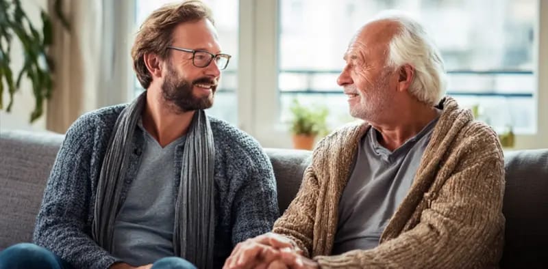 Two men engaged in conversation on a cozy sofa