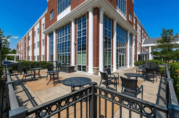Outdoor seating area next to the building