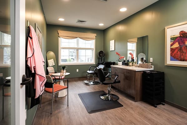 Interior view of a salon area in a senior living facility
