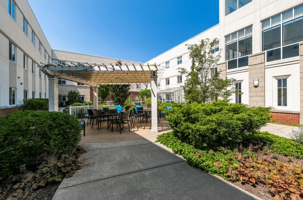 Outdoor seating area with tables and greenery