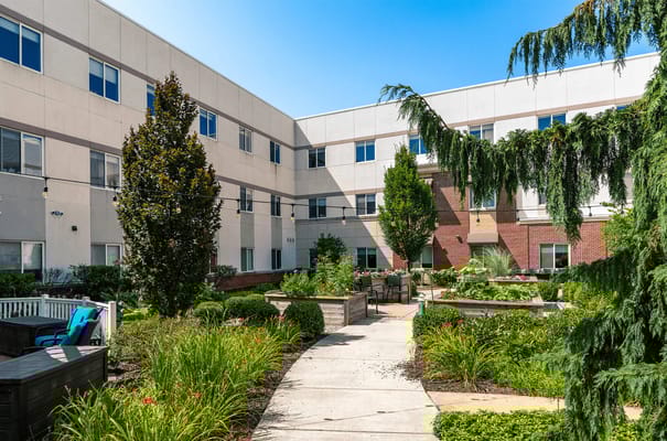 Well-maintained garden area in a senior living facility