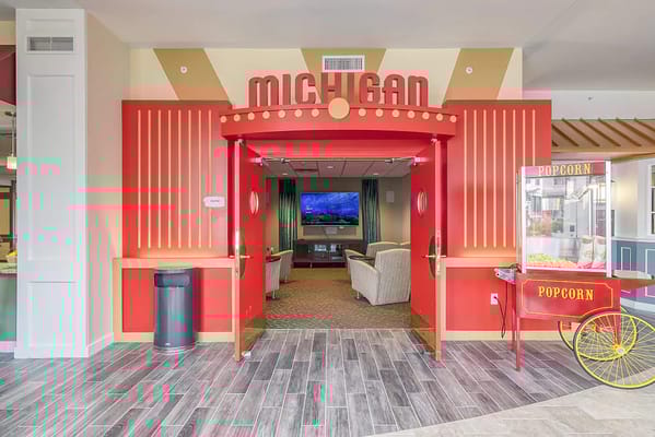 Entrance to a themed common area in the facility
