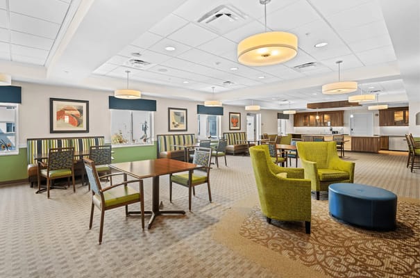 Bright activity room with comfortable seating