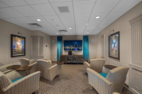 Interior lounge area with seating and entertainment