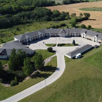 Aerial view of Park Gardens of Fergus Falls with landscaped grounds