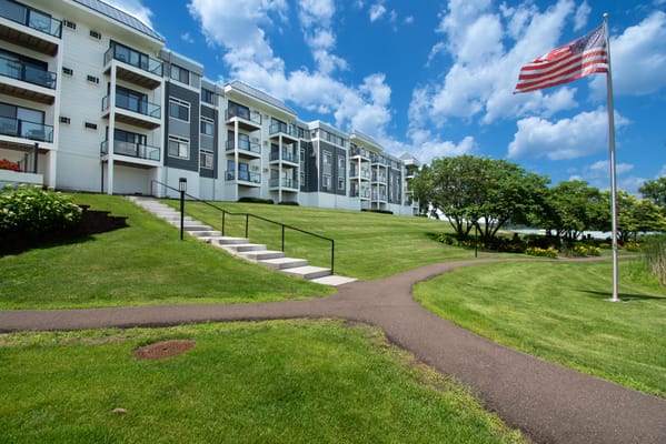Outdoor view of a landscaped senior living facility