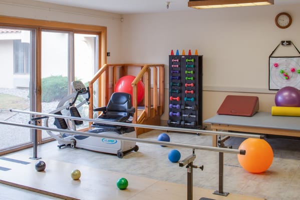 Interior view of a fitness area with equipment and therapy balls