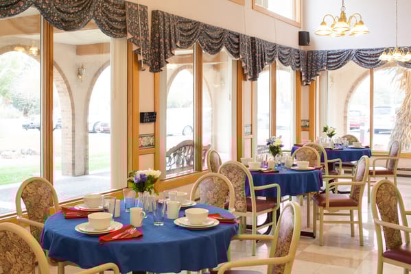 Bright dining room set for a meal