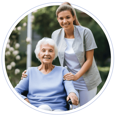 A caregiver with a resident in a garden setting