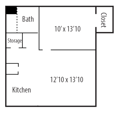 Architectural floor plan of a kitchen and bath layout