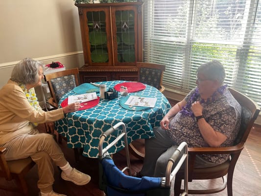 Two residents engaging at a table in a bright room