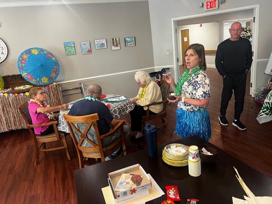 Residents participating in a fun activity with decorations