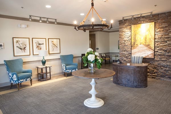 Bright lobby area with seating and decor