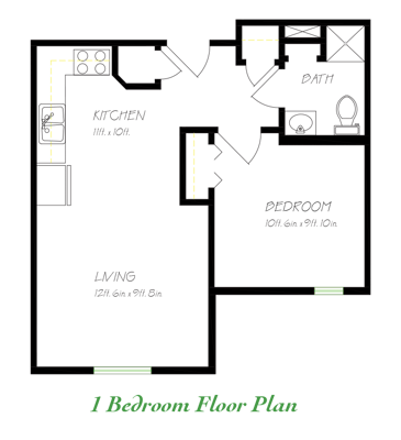 1 bedroom floor plan layout with dimensions