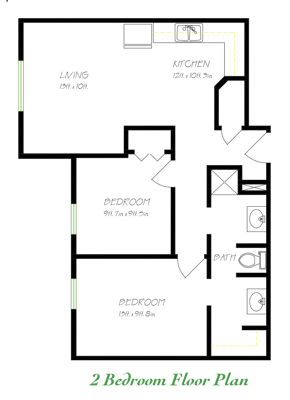 Architectural floor plan of a two-bedroom unit