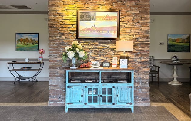 Colorful interior lobby area with decorative elements