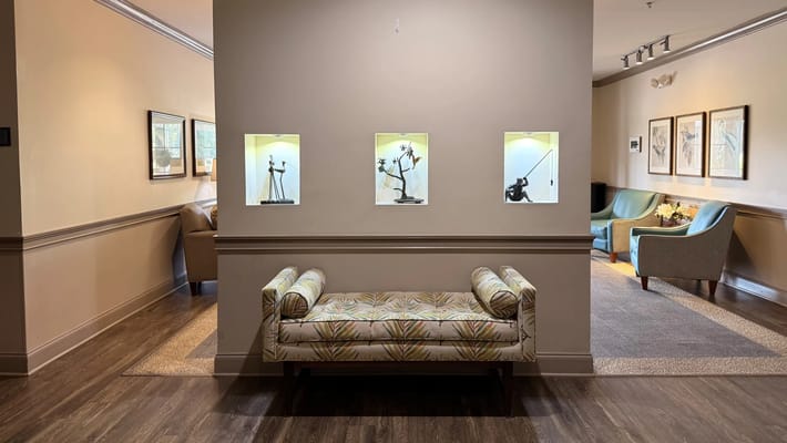 A cozy common area with seating and decor