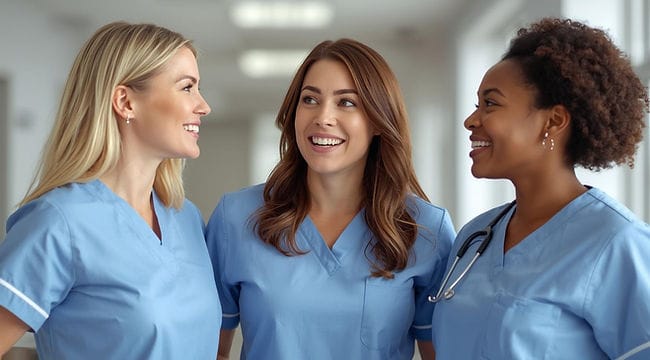 Three healthcare staff smiling in a facility interior