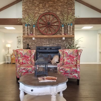 Cozy seating area in a common room with decorative elements