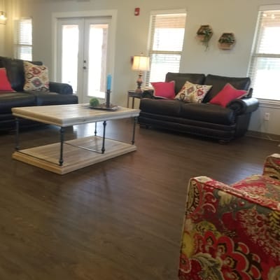 Bright common area with seating and decor