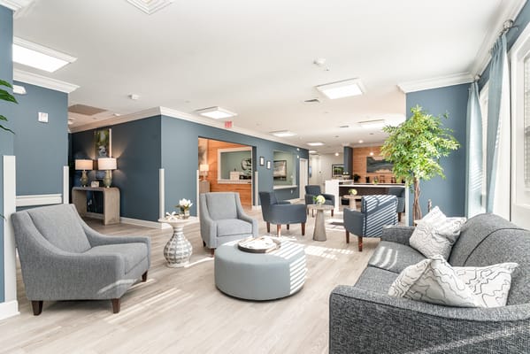 Modern lounge area with comfortable seating and decor