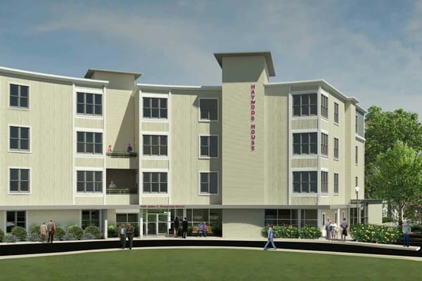 Exterior view of Haywood House with residents outside