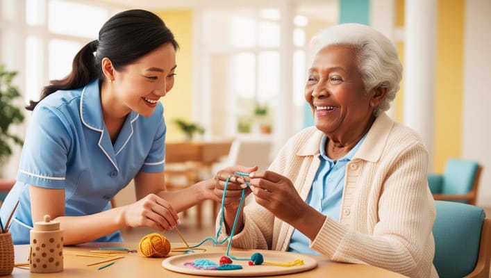 A caregiver and resident knitting together in a bright common area