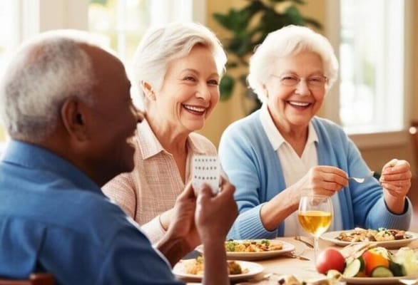 Residents enjoying lunch together in a dining room