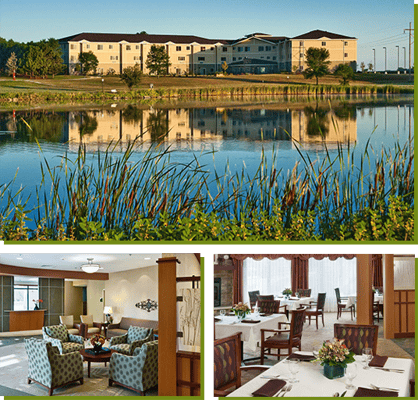 Exterior view of Oxbow Living Center by the water, and interior dining area.