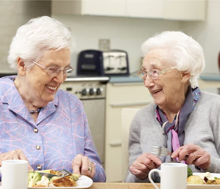 Two smiling elderly women enjoying a meal together