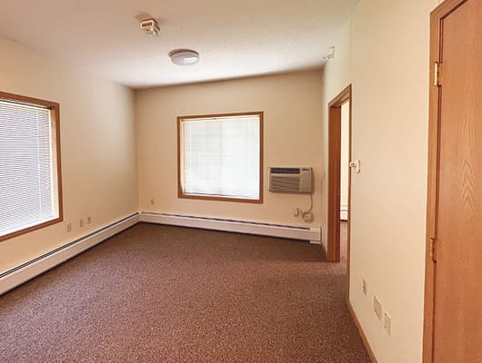 Empty resident room with carpet and windows