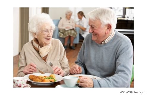 Residents enjoying a meal together in a dining room