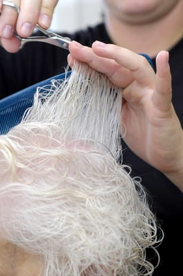 Stylist cutting hair for a resident