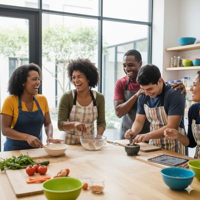 Residents and staff cooking together in a bright kitchen